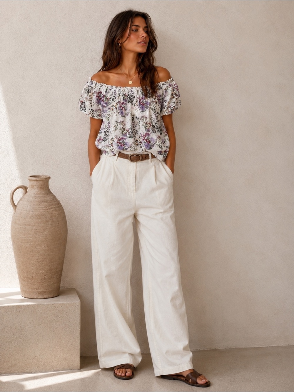 Violeta by Mango Floral Eyelet Off Shoulder Blouse White Purple M - Picture 8 of 8